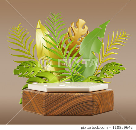 3d hexagon wooden podium with gold green palm leaf on light brown background. Render stage for organic cosmetics presentation, natural beauty product stand mockup, platform display. 3D illustration 3d hexagon wooden podium with gold green palm leaf on light brown background. Render stage for organic cosmetics presentation, natural beauty product stand mockup, platform display. 3D illustration 118839642