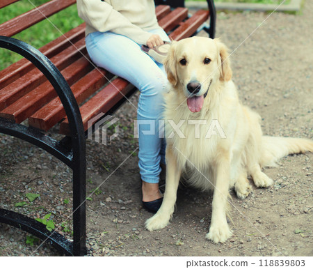 Happy owner young woman with Golden Retriever dog sitting together on bench in summer park Happy owner young woman with Golden Retriever dog sitting together on bench in summer park 118839803