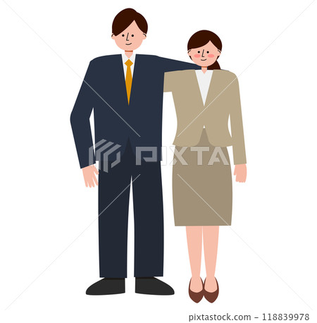 Illustration of a man and woman in suits standing with their arms around each other's shoulders Illustration of a man and woman in suits standing with their arms around each other's shoulders 118839978