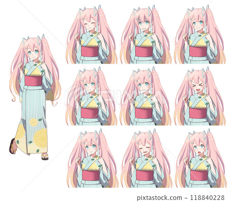 動漫風格可愛浴衣女孩全身姿勢與上半身臉部表情差異 118840228