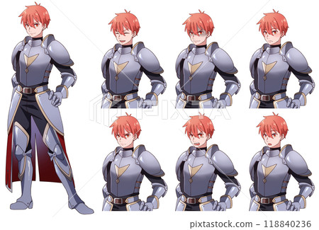 Full body portrait of a young knight in an anime-style fantasy world with different upper body expressions Full body portrait of a young knight in an anime-style fantasy world with different upper body expressions 118840236