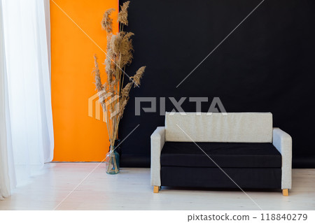 Office Black Grey Sofa in Room Interior with Flower Decor 118840279