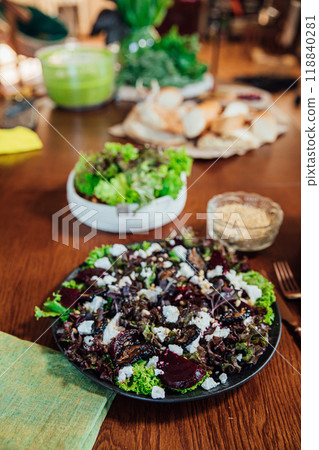 Delicious food prepared by the chef in the kitchen 118840281