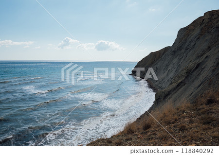 Beautiful Scenery On Top Mountain Sea Waves Shore Rocks Beautiful Scenery On Top Mountain Sea Waves Shore Rocks 118840292