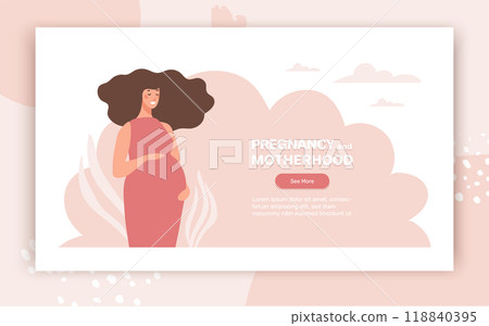 Pregnancy and motherhood pink gentle banner. Calm pregnant woman hugging belly. Landing page with place for text. Vector flat illustration. Pregnancy and motherhood pink gentle banner. Calm pregnant woman hugging belly. Landing page with place for text. Vector flat illustration. 118840395