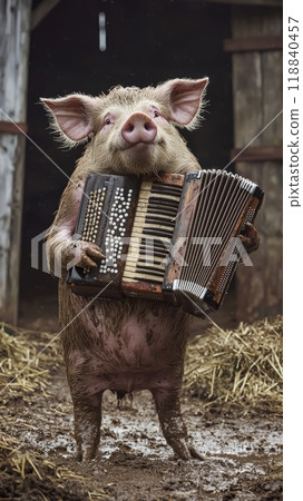 A wonderfully playful pig is joyfully playing an accordion in a charming rustic farm setting A wonderfully playful pig is joyfully playing an accordion in a charming rustic farm setting 118840457