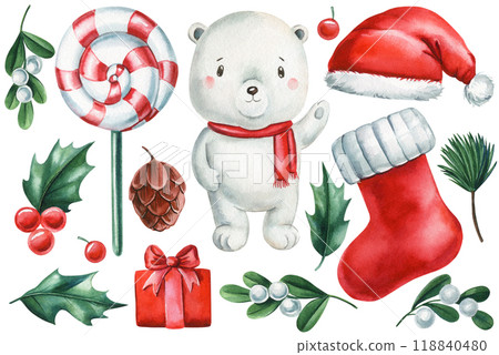 White bear, watercolor painted Christmas cute animal. Polar bear, gift, lollipop, pine cone for Festive Project, clipart White bear, watercolor painted Christmas cute animal. Polar bear, gift, lollipop, pine cone for Festive Project, clipart 118840480