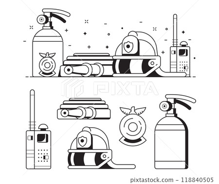 Fire Fighters Equipment Icons in Line Art Fire Fighters Equipment Icons in Line Art 118840505