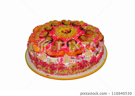 Sponge cake with fruits. Creatively decorated sponge cake with pineapple, banana, peaches and grapes. Sponge cake with fruits. Creatively decorated sponge cake with pineapple, banana, peaches and grapes. 118840530