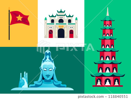 The main attractions of Vietnam - set of flat design style colorful illustrations 118840551