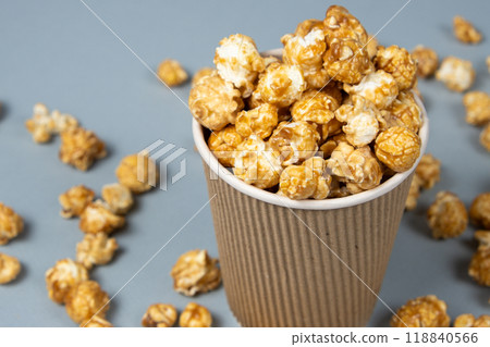 Sweet caramelized popcorn in a bucket. 118840566