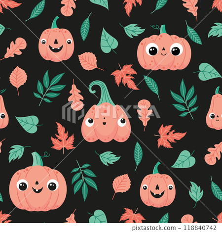 Halloween pattern with cute pumpkins and leaves Halloween pattern with cute pumpkins and leaves 118840742