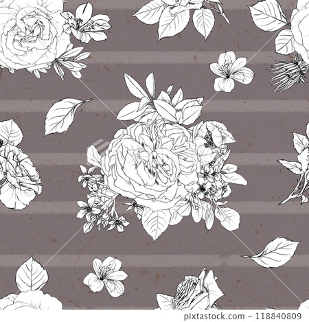 Hand drawn pencil graphic illustration seamless pattern of vintage flowers 118840809