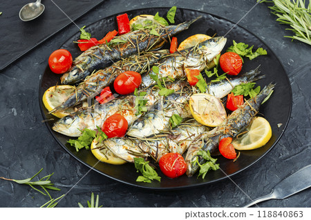 Grilled or baked sardines. Grilled or baked sardines. 118840863