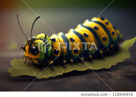 green-yellow caterpillar on a green leaf - Generative AI green-yellow caterpillar on a green leaf - Generative AI 118840938