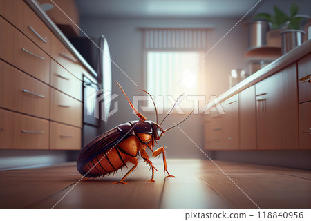 Big brown cockroach on the kitchen floor. Generative AI 118840956