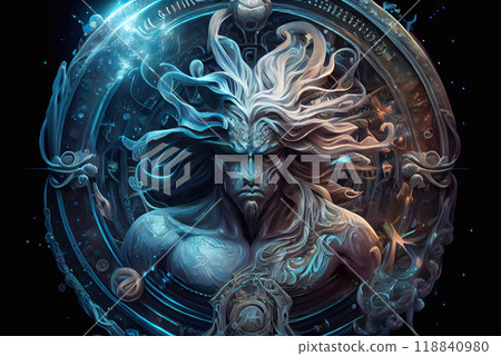 Zodiac sign - Aquarius, one of the twelve astrological signs of the zodiac. The mythical image of an athletic man, Neptune, Triton against the background of the zodiac circle and the starry sky - Zodiac sign - Aquarius, one of the twelve astrological signs of the zodiac. The mythical image of an athletic man, Neptune, Triton against the background of the zodiac circle and the starry sky - 118840980