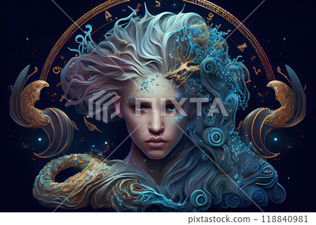 A ghostly image of a pretty girl illuminated by a mystical light against the background of the zodiac circle and the starry sky. Concept Zodiac signs - Aquarius, one of the twelve astrological signs 118840981