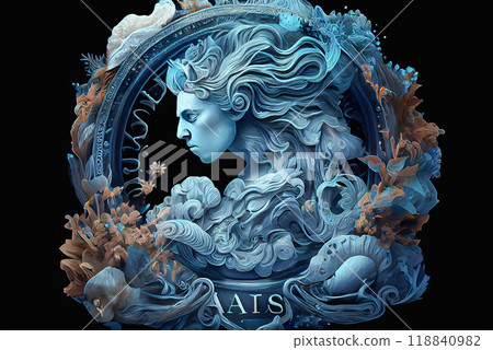 Antique abstract image of a guy with flying hair, illuminated by blue light inside the zodiac circle on a dark background. Concept visualization Zodiac signs - Aquarius, mysticism, esotericism, 118840982