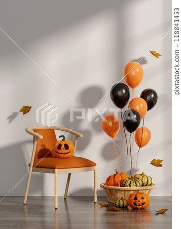 Festive Halloween Setup with Pumpkins and Balloons 3D Render 118841453