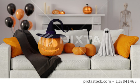Playful Halloween Sofa Decor with Witch Hat Pumpkin 3D Render 118841463