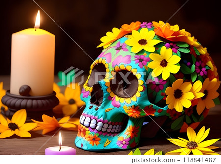 Skulls, skull pattern for day of the dead on dark background with bright colors. Day of the Dead 118841487