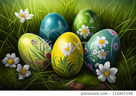 Colored easter eggs with daffodils on the grass on a sunny day - Generative AI 118841599