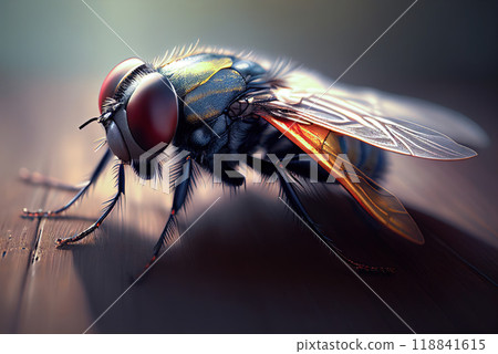 domestic colored fly sits on the surface, close-up - Generative AI 118841615