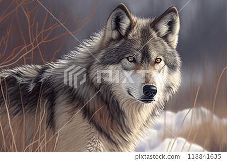 gray wolf on the background of the snow-covered steppe - Generative AI 118841635
