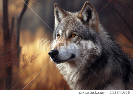 gray wolf looks out for prey in the autumn grove - Generative AI 118841636