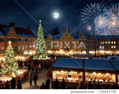 European Christmas market with fireworks and moon 118841740