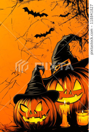 Orange background with pumpkins, candles, spider web, witch hat, bats, spiders 118841827