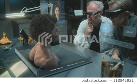 Two scientists in VR headsets conducts research. Virtual AI assistant and simulator 118841921