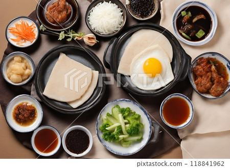 Gujeolpan is a traditional Korean food set featuring nine compartments filled with various ingredients, including vegetables, meats and pancakes, offering a colorful and elegant dining. AI Generated Gujeolpan is a traditional Korean food set featuring nine compartments filled with various ingredients, including vegetables, meats and pancakes, offering a colorful and elegant dining. AI Generated 118841962