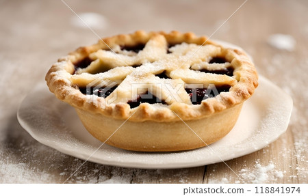 Mince Pie is a classic holiday dessert featuring a rich filling of spiced dried fruits, nuts and brandy, encased in a buttery flaky pastry crust. AI Generated 118841974