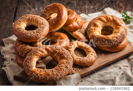 Turkish Simit bread is a sesame crusted, ring shaped bread known for its crunchy exterior and soft chewy interior. Often enjoyed as a snack or breakfast item. AI Generated Turkish Simit bread is a sesame crusted, ring shaped bread known for its crunchy exterior and soft chewy interior. Often enjoyed as a snack or breakfast item. AI Generated 118841982