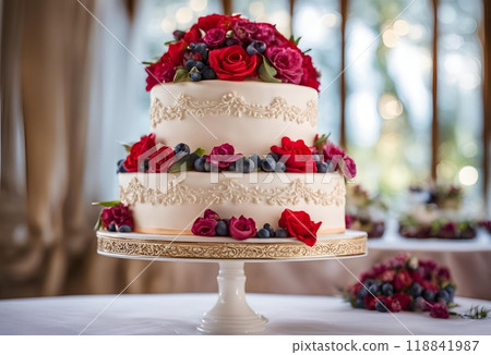 Stunning wedding cake adorned with red roses, perfectly prepared for the marriage celebration, symbolizing passion love and joy on the couple special day. AI Generated 118841987