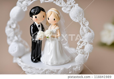 Charming wedding souvenir featuring a bride and groom doll standing together under a beautiful wedding arch, symbolizing love and unity in a perfect keepsake. AI Generated Charming wedding souvenir featuring a bride and groom doll standing together under a beautiful wedding arch, symbolizing love and unity in a perfect keepsake. AI Generated 118841989