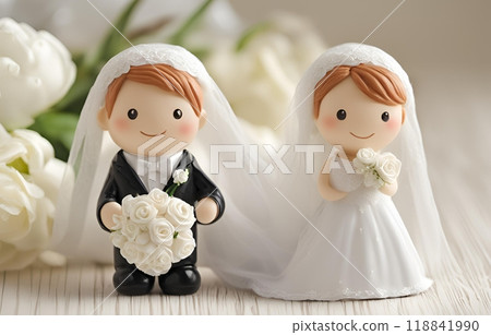 Adorable bride and groom doll set, capturing the essence of love and joy, serves as a delightful wedding souvenir, creating lasting memories of a special day. AI Generated 118841990