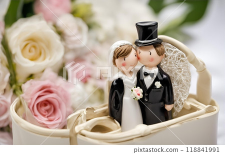 Bride and groom doll embracing side by side, symbolizing eternal love and togetherness, makes a perfect wedding souvenir to cherish lifelong memories of the special day. AI Generated 118841991