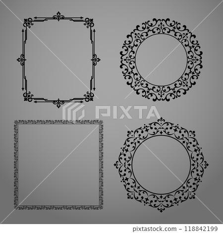 Set of decorative frames Elegant vector element for design in Eastern style, place for text. Floral black and gray borders. Lace illustration for invitations and greeting cards. Set of decorative frames Elegant vector element for design in Eastern style, place for text. Floral black and gray borders. Lace illustration for invitations and greeting cards. 118842199