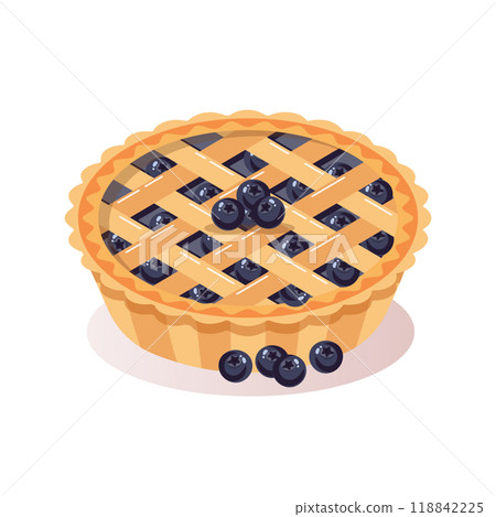 Baked blueberry pie with blueberries. Food, dessert, sweet. Flat illustration Baked blueberry pie with blueberries. Food, dessert, sweet. Flat illustration 118842225