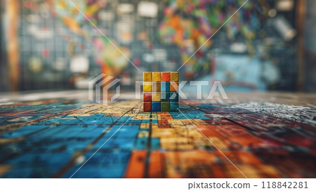 A 3D puzzle piece is placed prominently on a colorful world map, showcasing a playful approach to mathematical skill development A 3D puzzle piece is placed prominently on a colorful world map, showcasing a playful approach to mathematical skill development 118842281