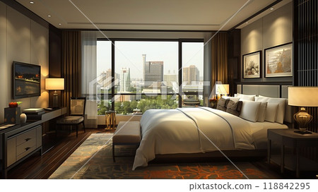 A well furnished hotel room offers a breathtaking cityscape view through large windows, creating a welcoming ambiance for guests 118842295