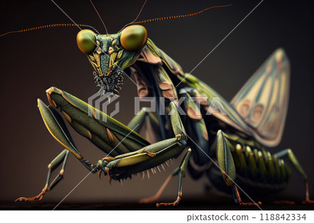 Praying Mantis insect in nature as a symbol of green natural extermination and pest control with a predator that hunts and eats other insects as an icon of entomology biology education - Generative AI Praying Mantis insect in nature as a symbol of green natural extermination and pest control with a predator that hunts and eats other insects as an icon of entomology biology education - Generative AI 118842334
