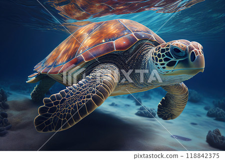 beautiful green sea turtle swims between the reefs - Generative AI 118842375