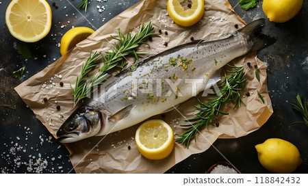 A freshly caught sea bass is garnished with lemon slices and herbs, prepared for a delicious meal in a vibrant kitchen 118842432