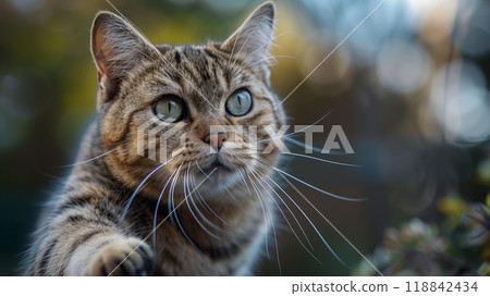 A playful cat extends its paw to sharpen its claws on a sturdy tree branch in a serene garden setting A playful cat extends its paw to sharpen its claws on a sturdy tree branch in a serene garden setting 118842434