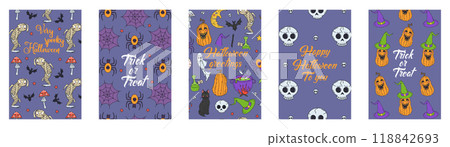 Set of Cards or posters with cute hand drawn Halloween illustrations and greetings Set of Cards or posters with cute hand drawn Halloween illustrations and greetings 118842693
