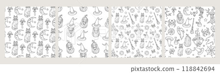 Set of 4 black and white Seamless patterns with cute hand drawn Halloween motifs Set of 4 black and white Seamless patterns with cute hand drawn Halloween motifs 118842694